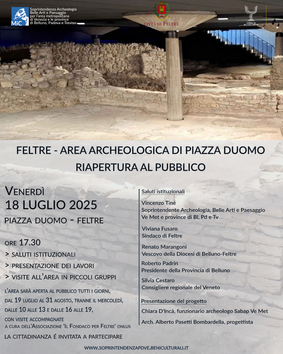 Locandina Area Archeologica di Piazza Duomo Feltre - evento di riapertura il 18 luglio 2025 alle ore 17:30