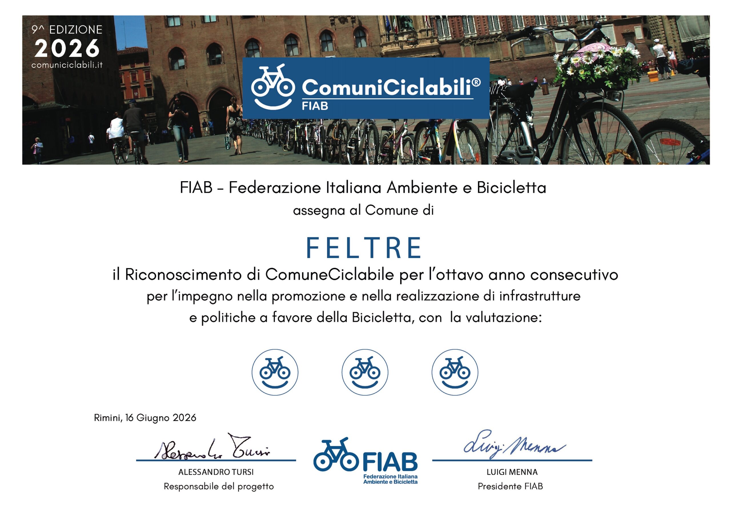 FIAB - attestato riconoscimento ComuneCiclabile 2026